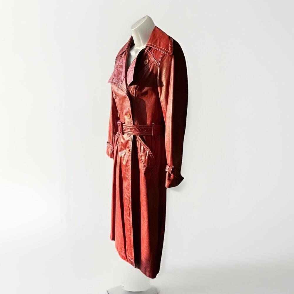 VTG 70s Sears JR Bazaar Leather Trench Coat Women's 7 Rust Red Retro Chic Disco - Picture 3 of 16